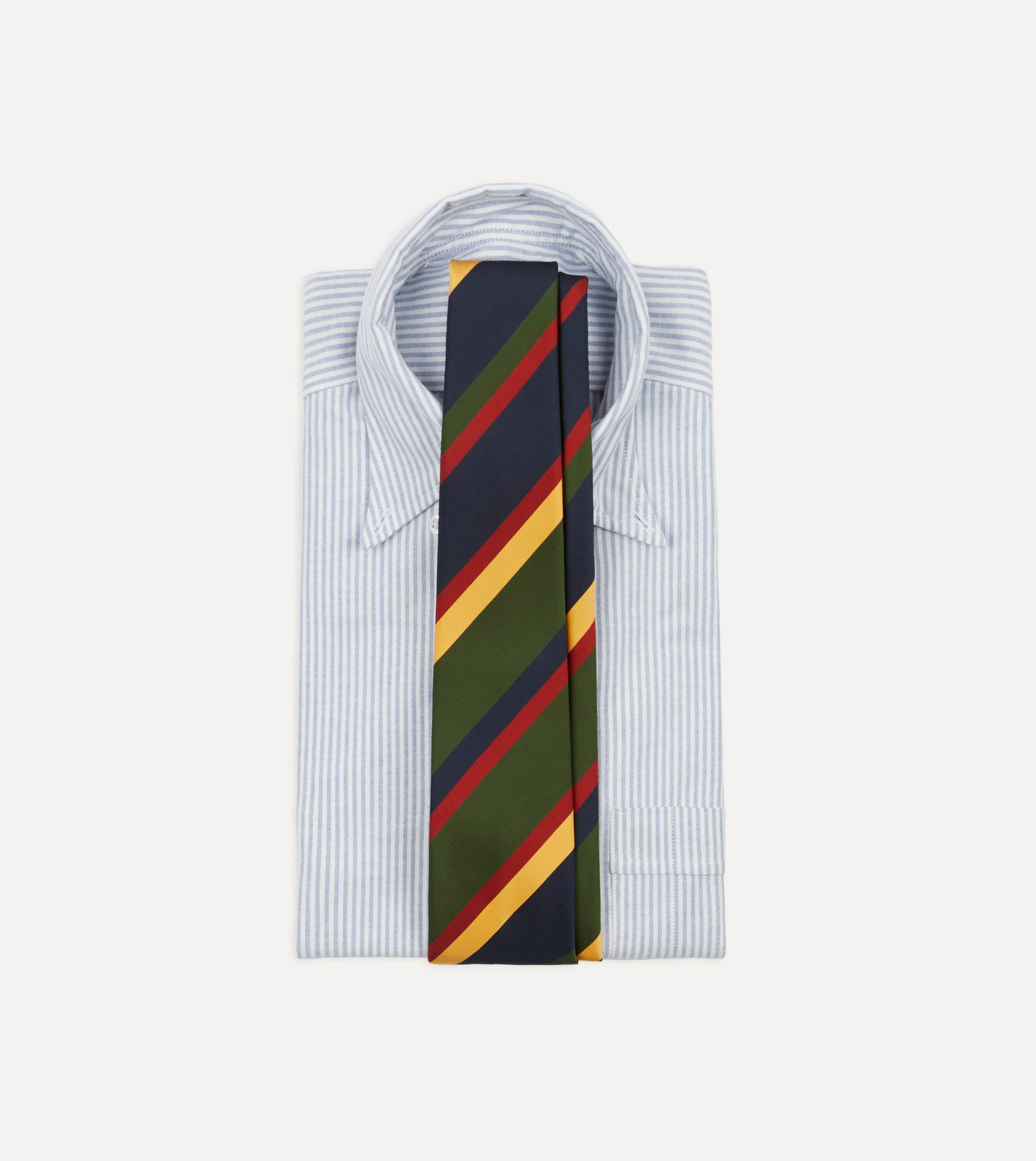 Navy, Red, Green and Yellow Stripe Silk Hand Rolled Tie - Image 2