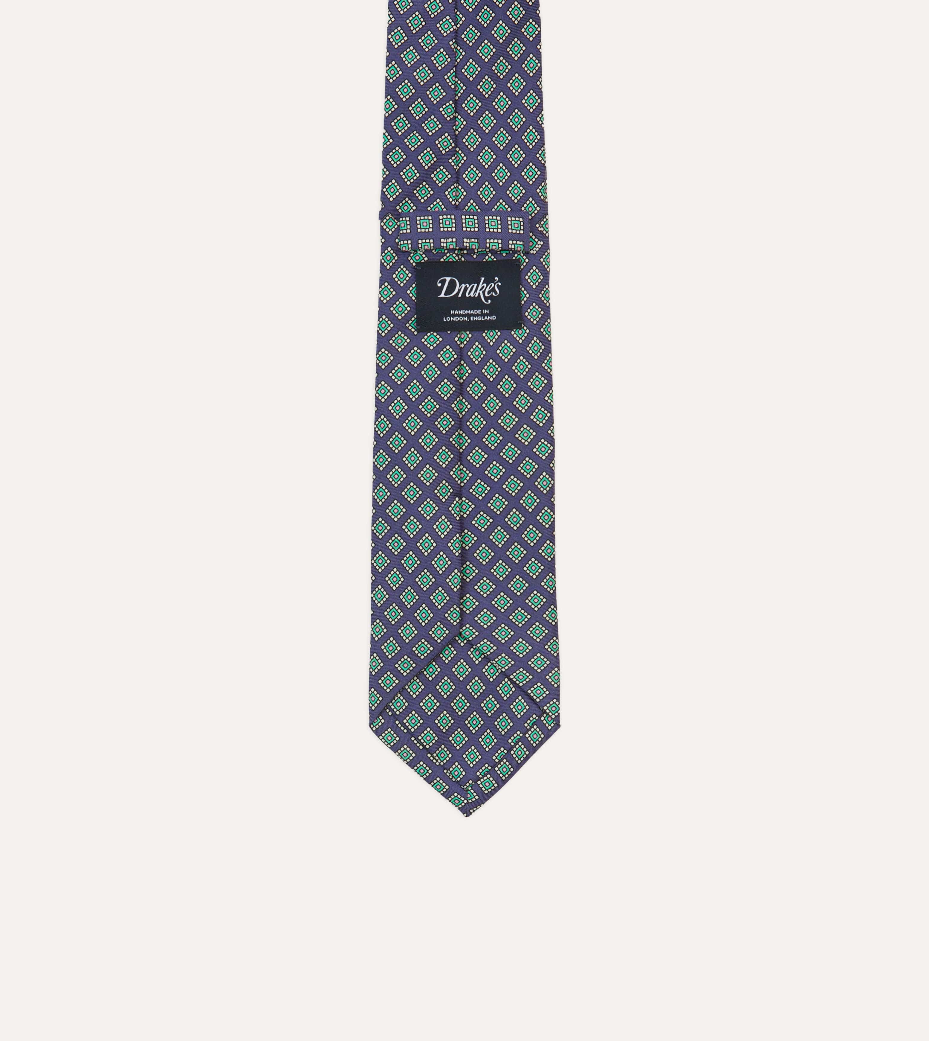 Navy Square Medallion Self-Tipped Silk Tie - Image 4