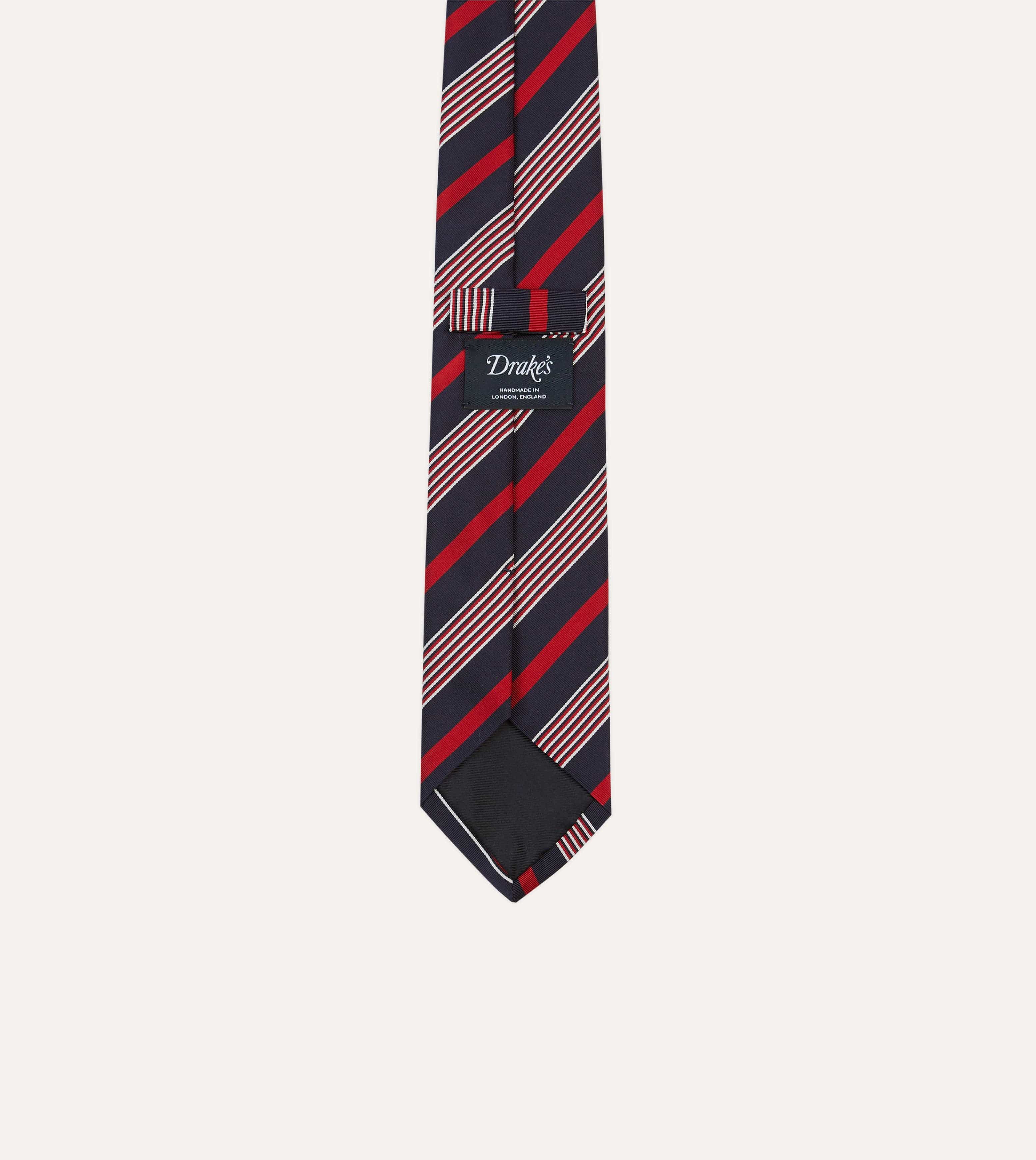 Navy, White and Red Multi Stripe Mogador Silk Tipped Tie - Image 4