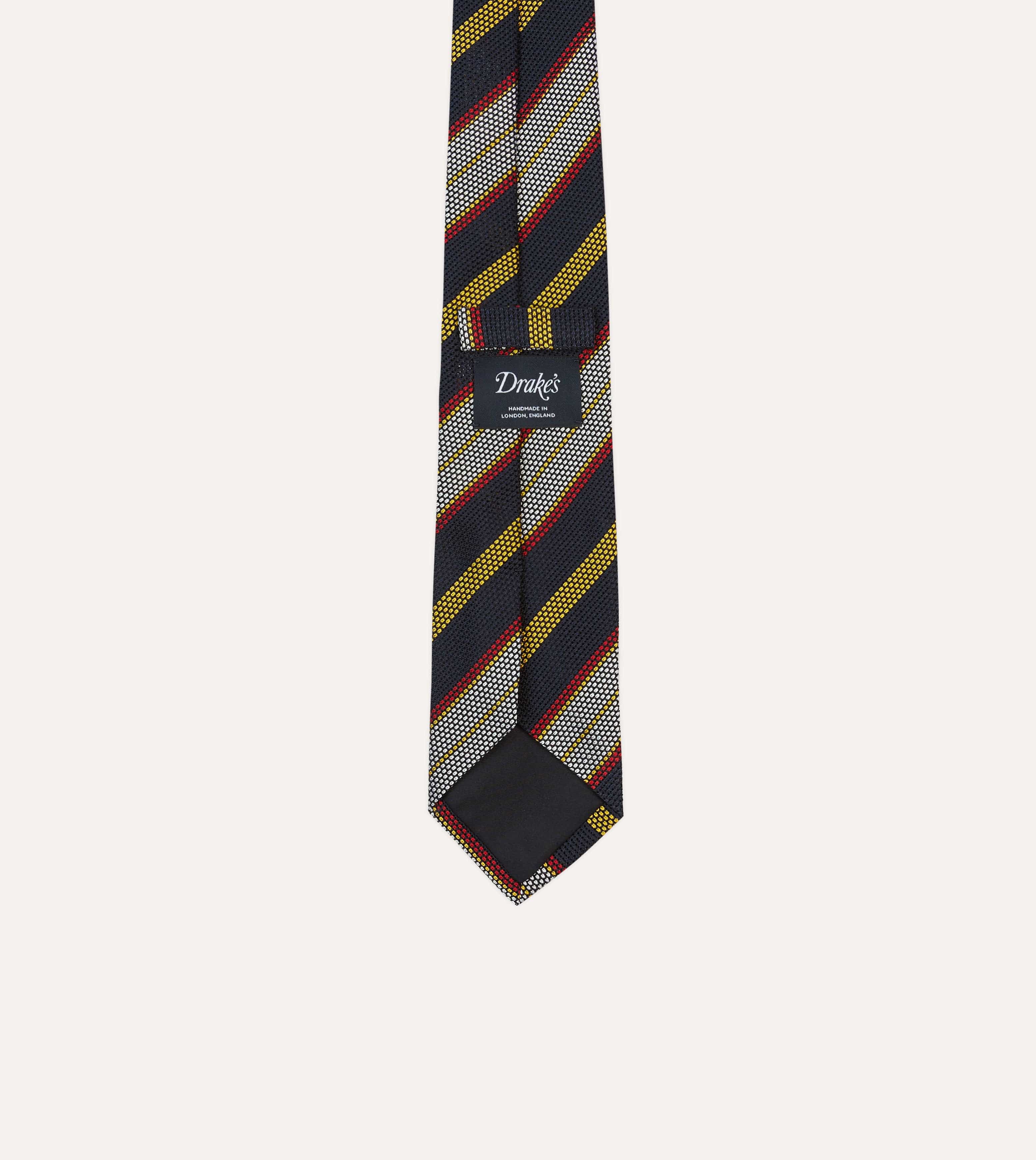 Navy, Yellow, Red and White Multi Stripe Tipped Silk Grenadine Tie - Image 4