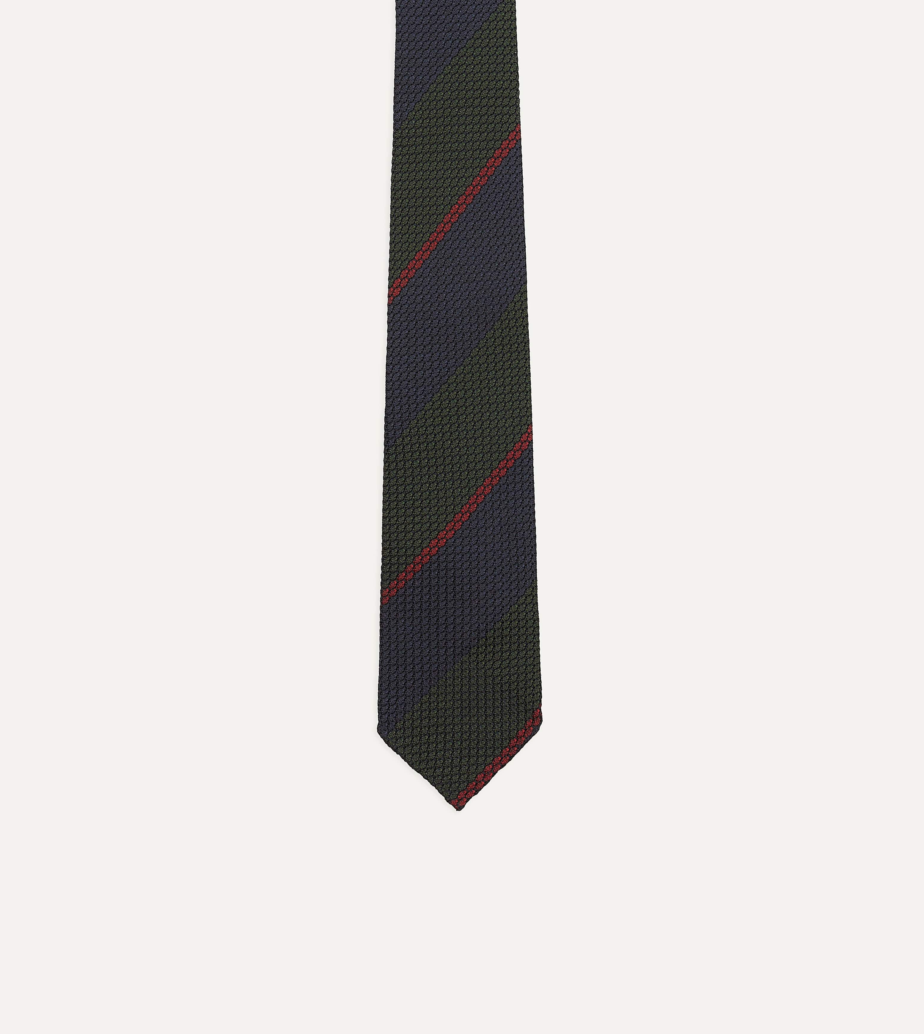 Olive and Red Block Stripe Hand Rolled Silk Grenadine Tie - Image 3