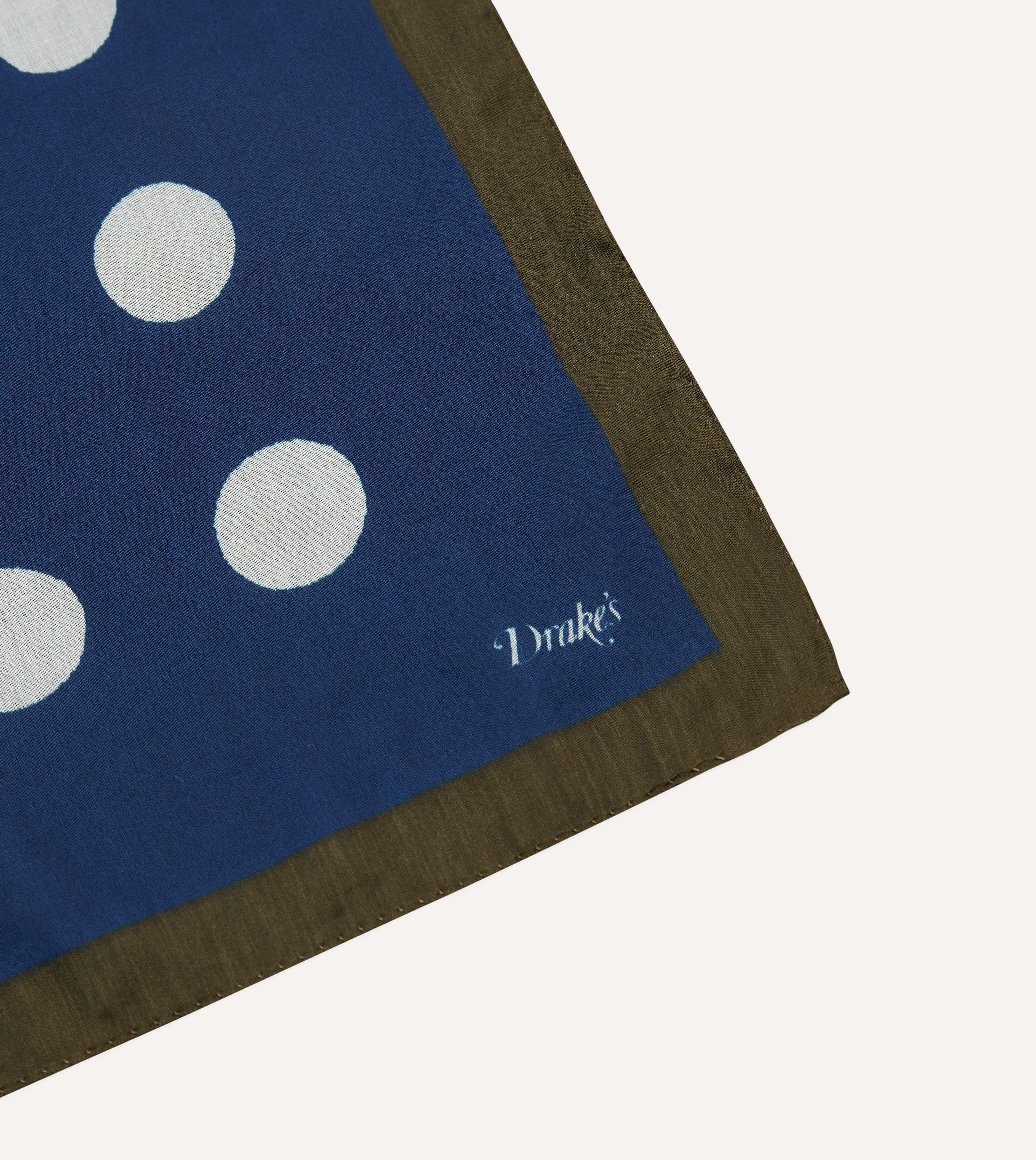 Olive, Navy and Ecru Large Spots Print Cotton-Silk Pocket Square - Image 3