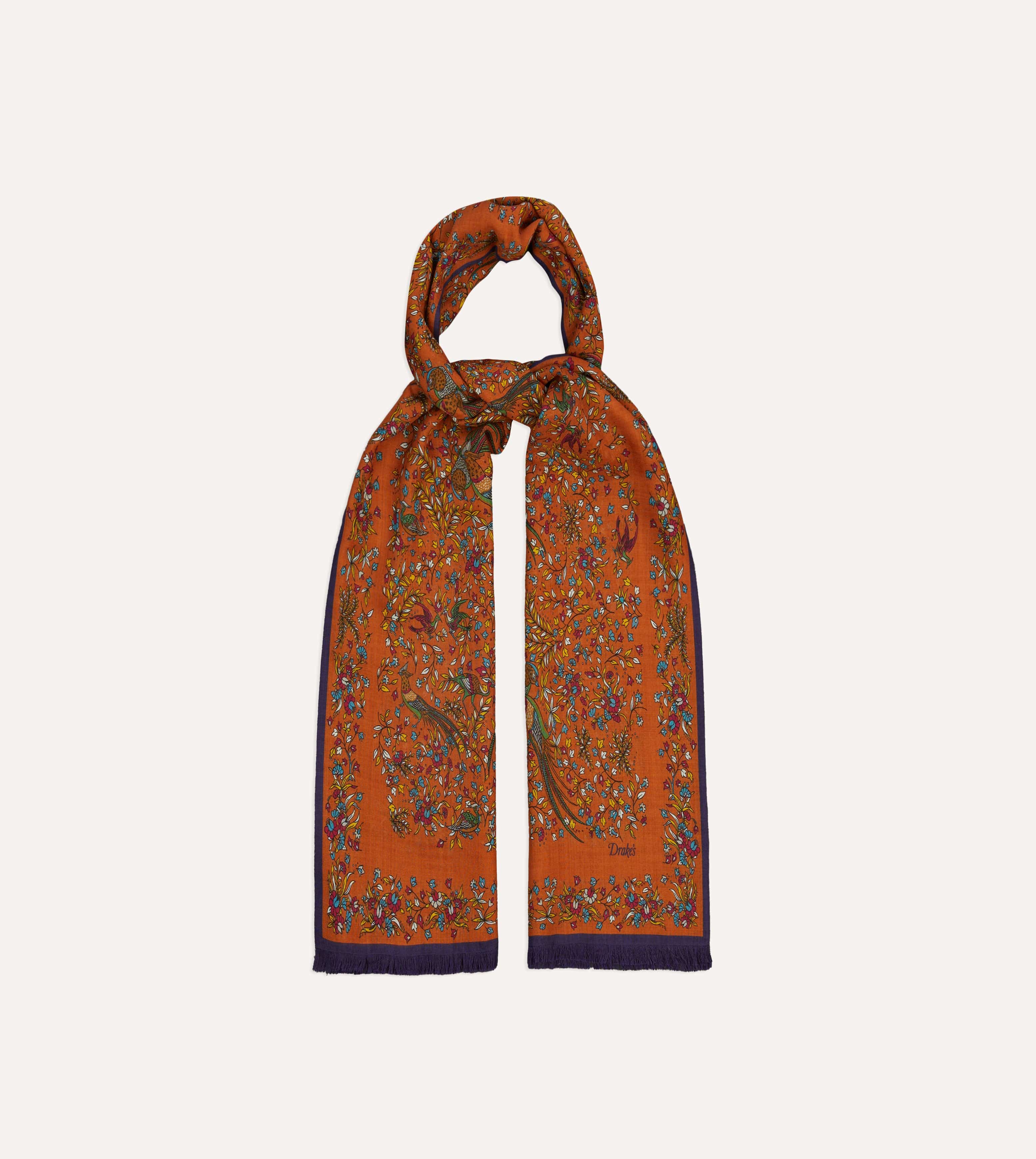 Orange Birds of Paradise Print Tubular Wool Silk Scarf - Image 4