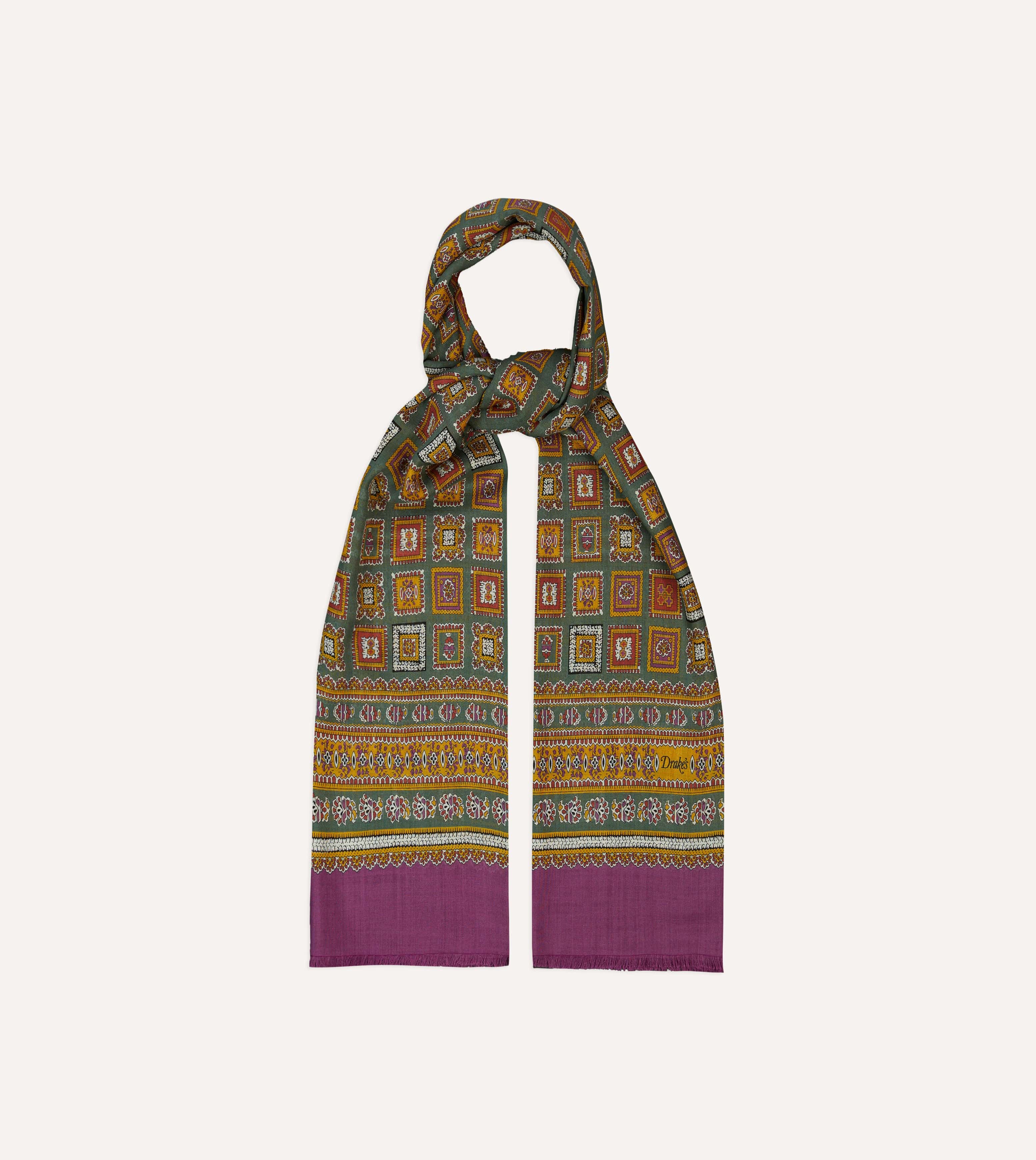 Purple and Green Medallion Print Tubular Wool Silk Scarf - Image 4