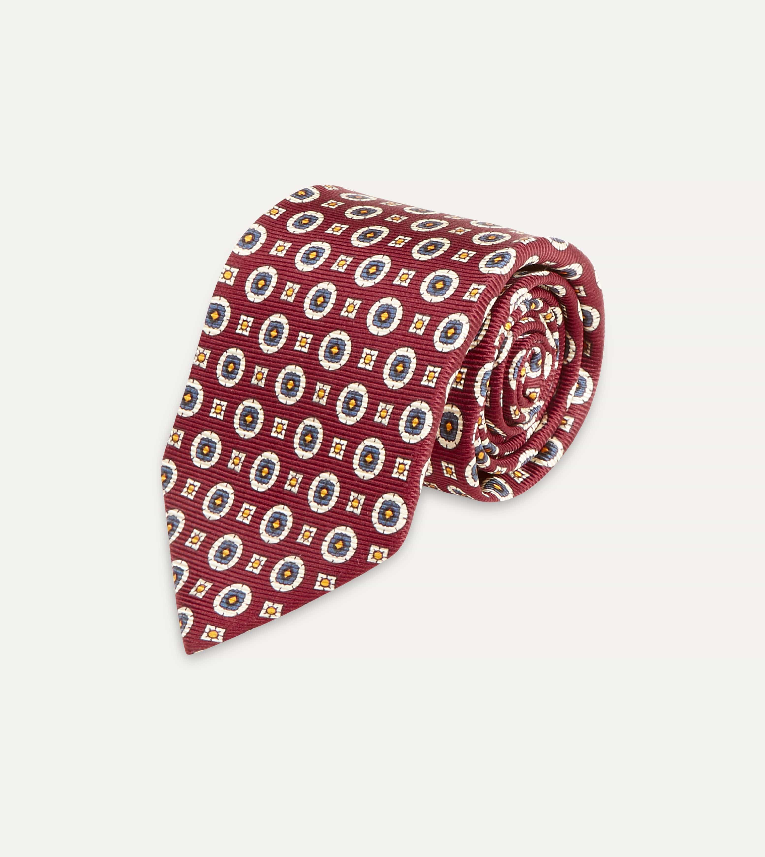 Red and Blue Geometric Medallion Print Silk Foulard Tie - Image 4