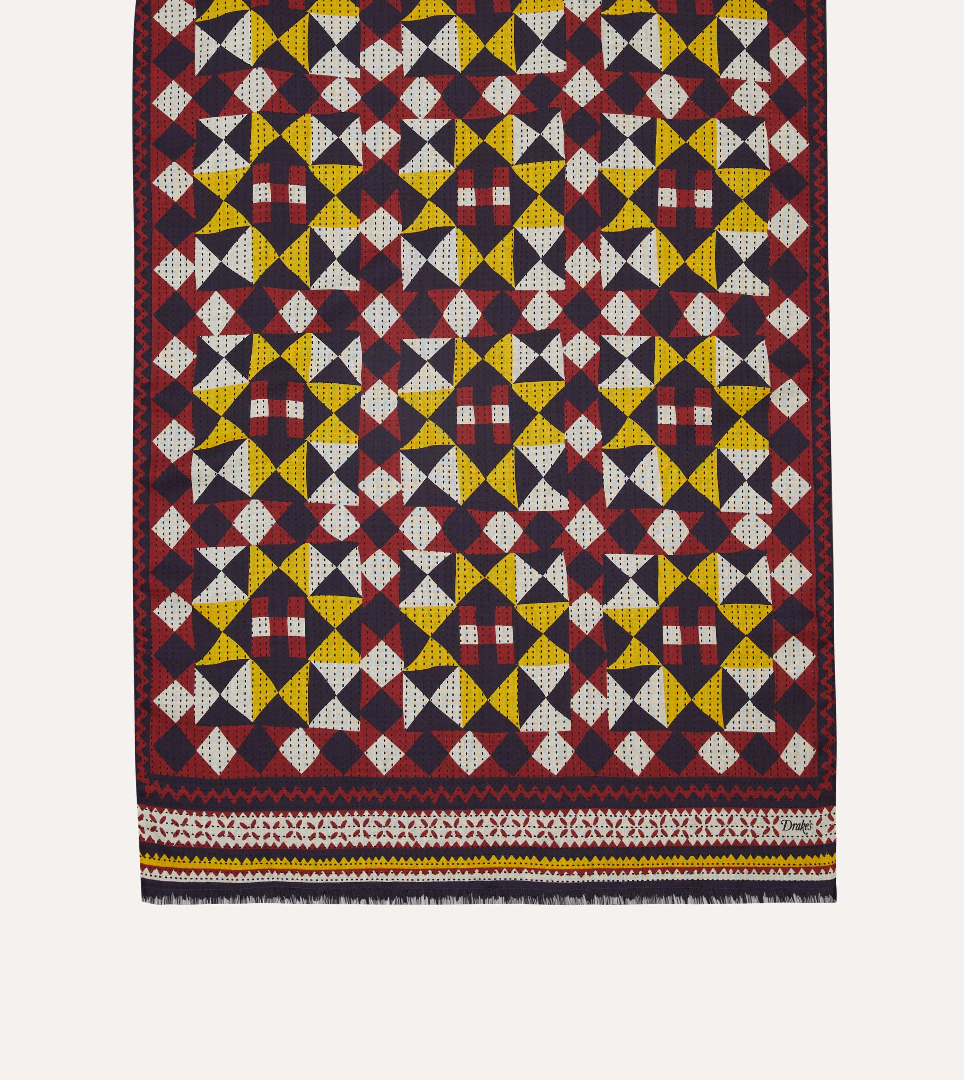 Red and Yellow Patchwork Print Wool-Silk Scarf - Image 3