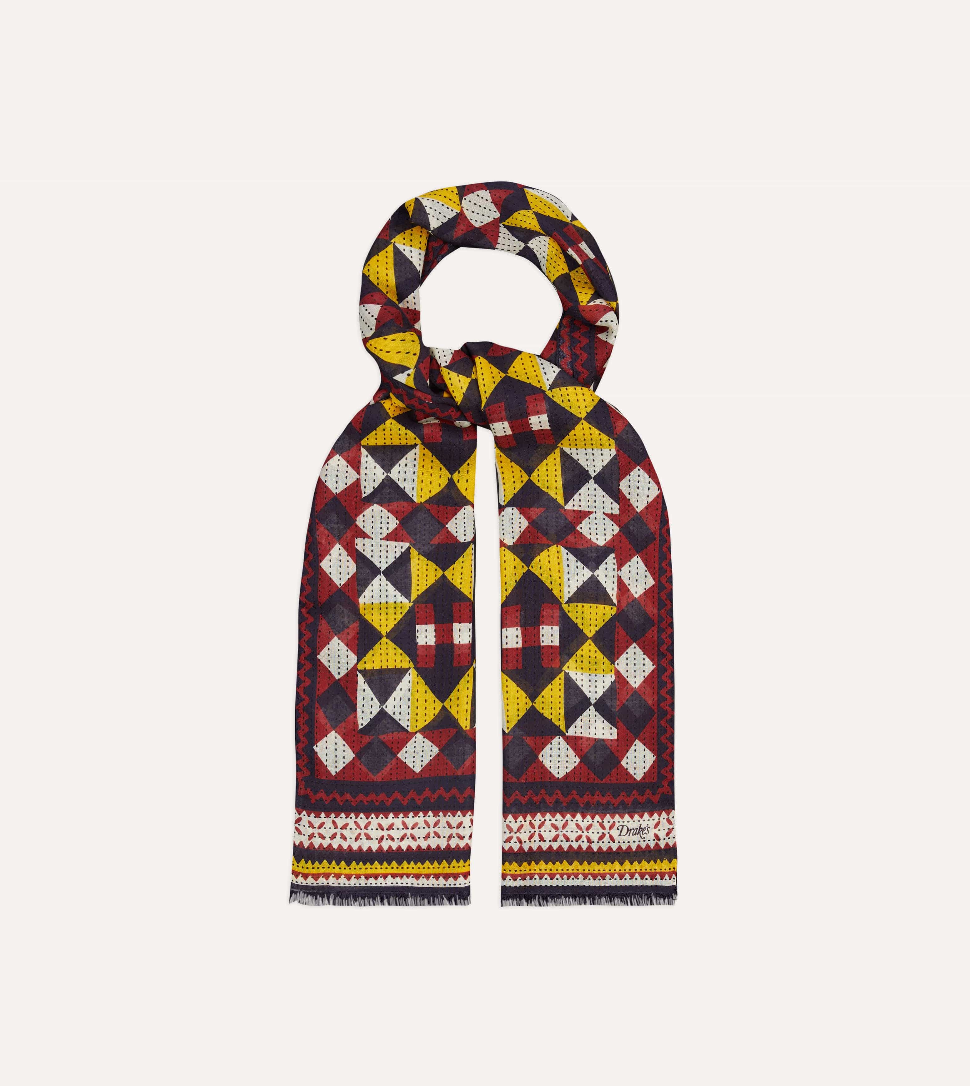 Red and Yellow Patchwork Print Wool-Silk Scarf - Image 4