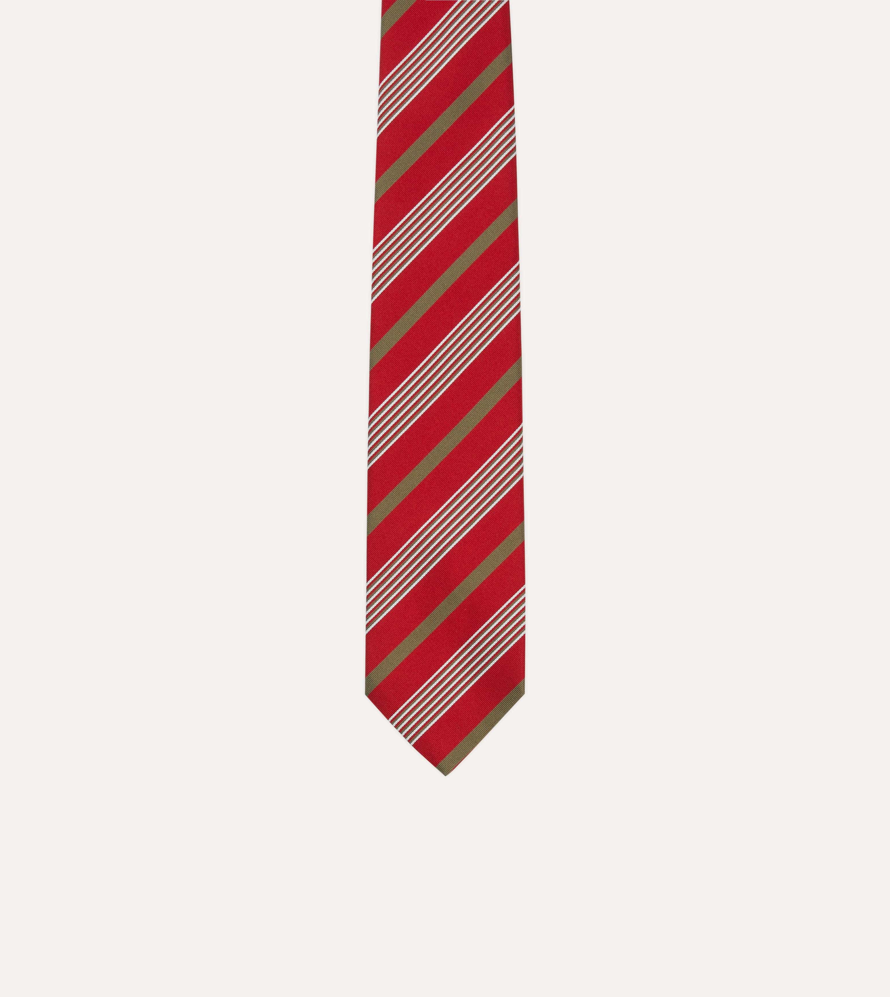 Red, Olive and White Multi Stripe Mogador Silk Tipped Tie - Image 3
