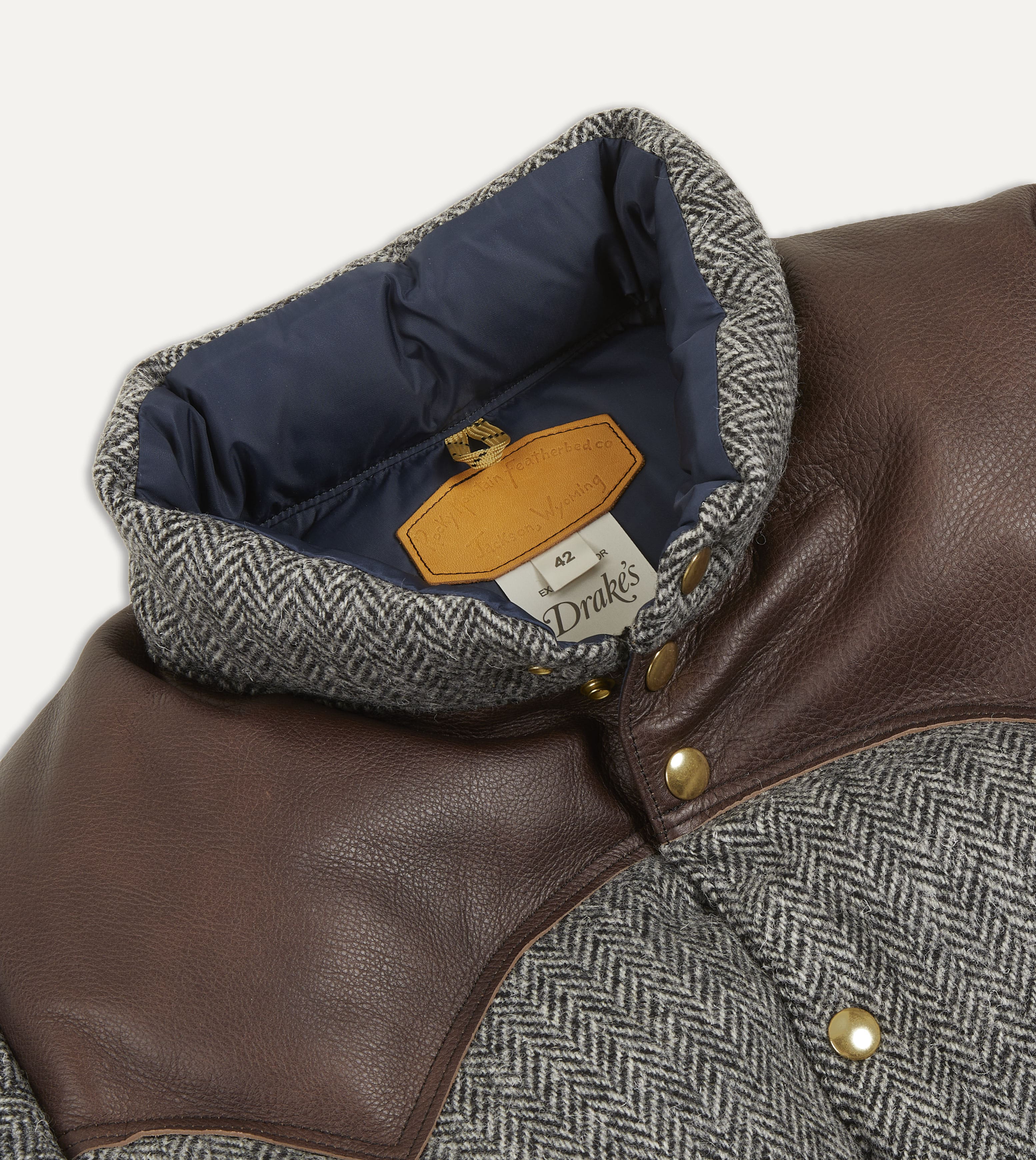 Rocky Mountain Featherbed for Drake's Herringbone Harris Tweed Leather Christy Down Jacket - Image 3
