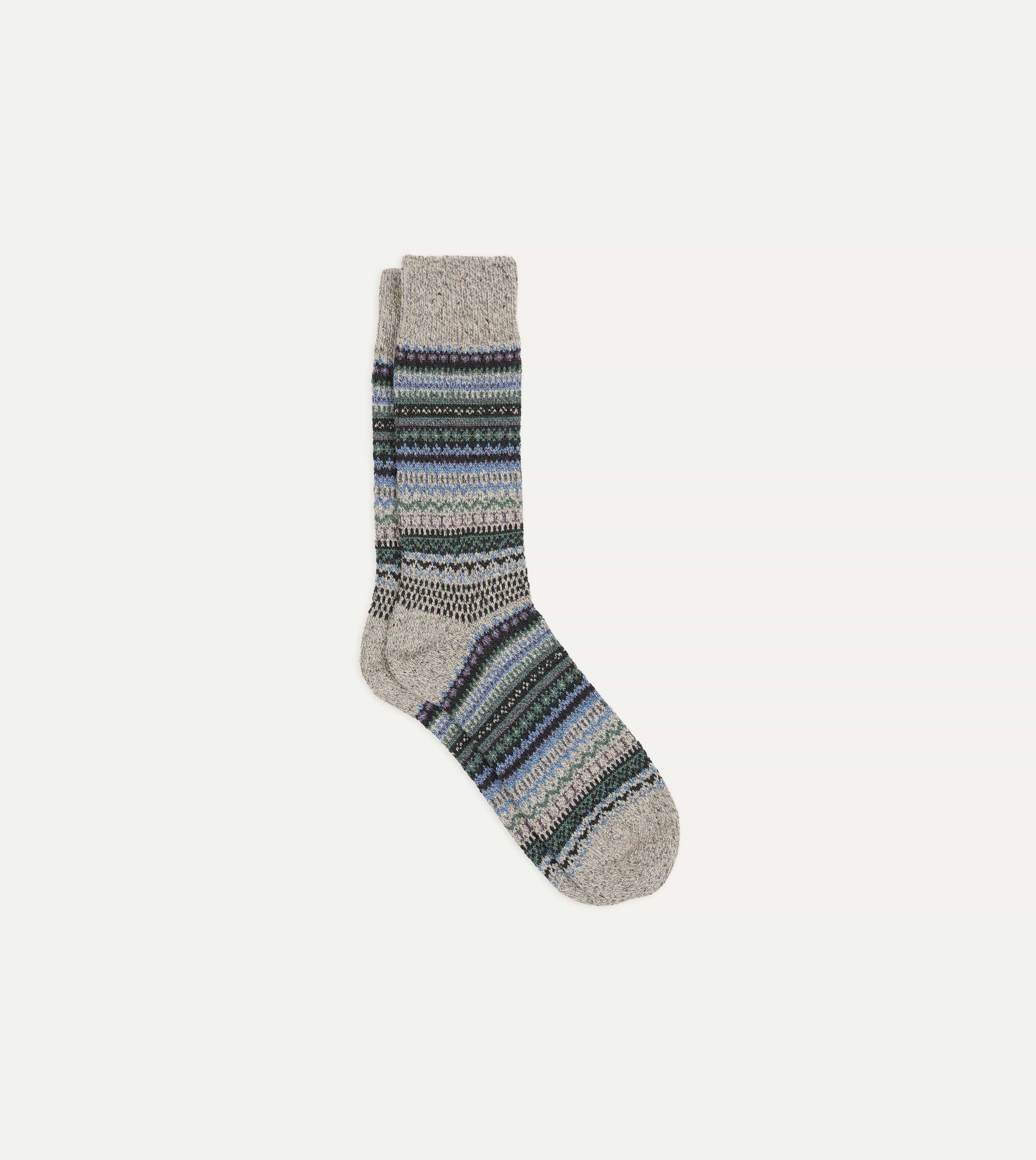 RoToTo Grey and Blue Wool Nordic Pattern Socks