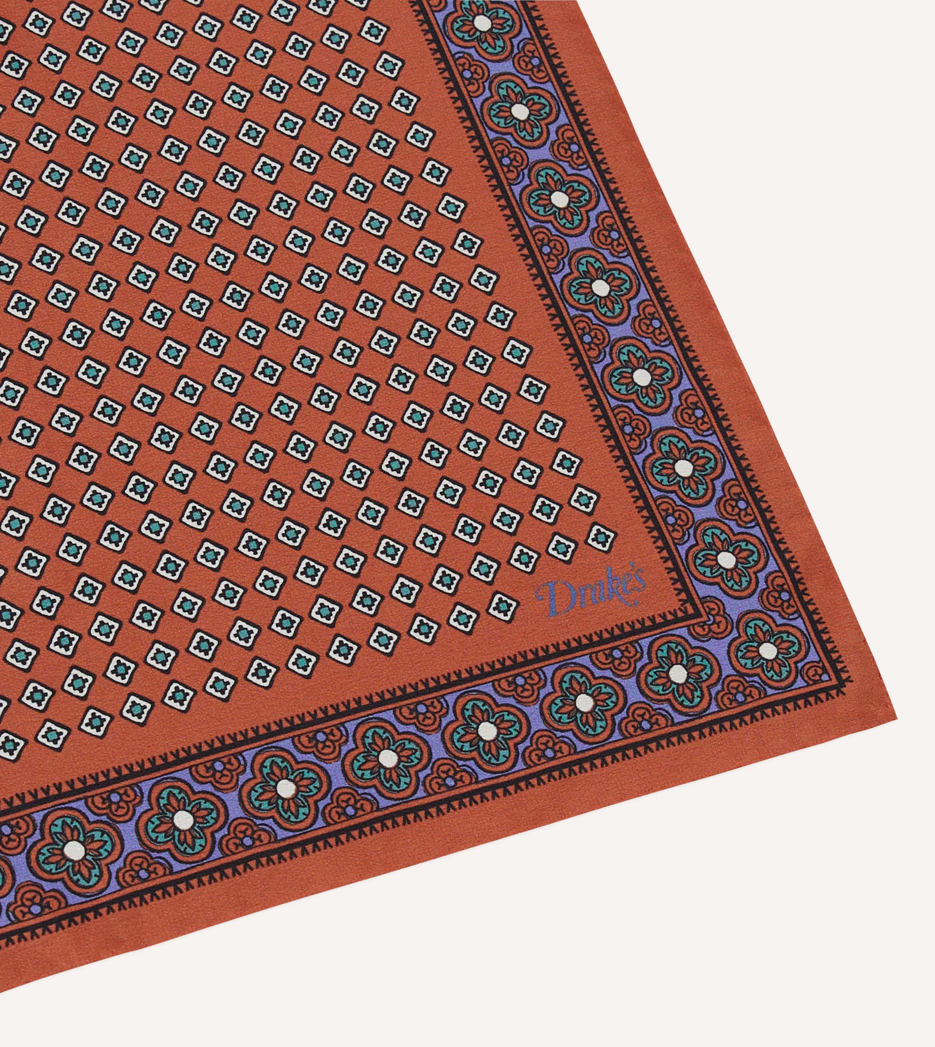 Rust Vintage Tile Print Silk Pocket Square - Image 3