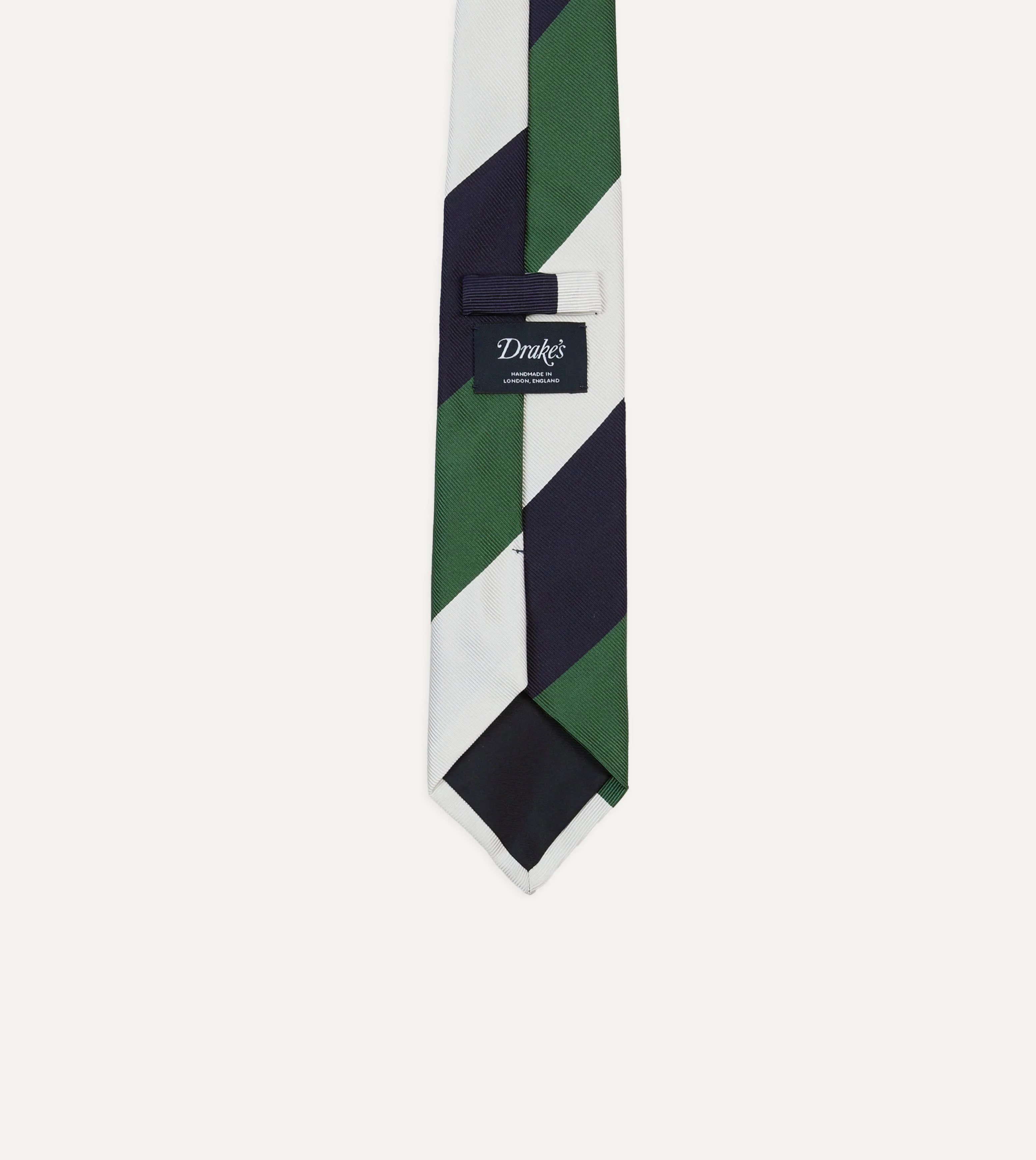 White, Navy and Green Wide Stripe Repp Silk Tipped Tie - Image 4