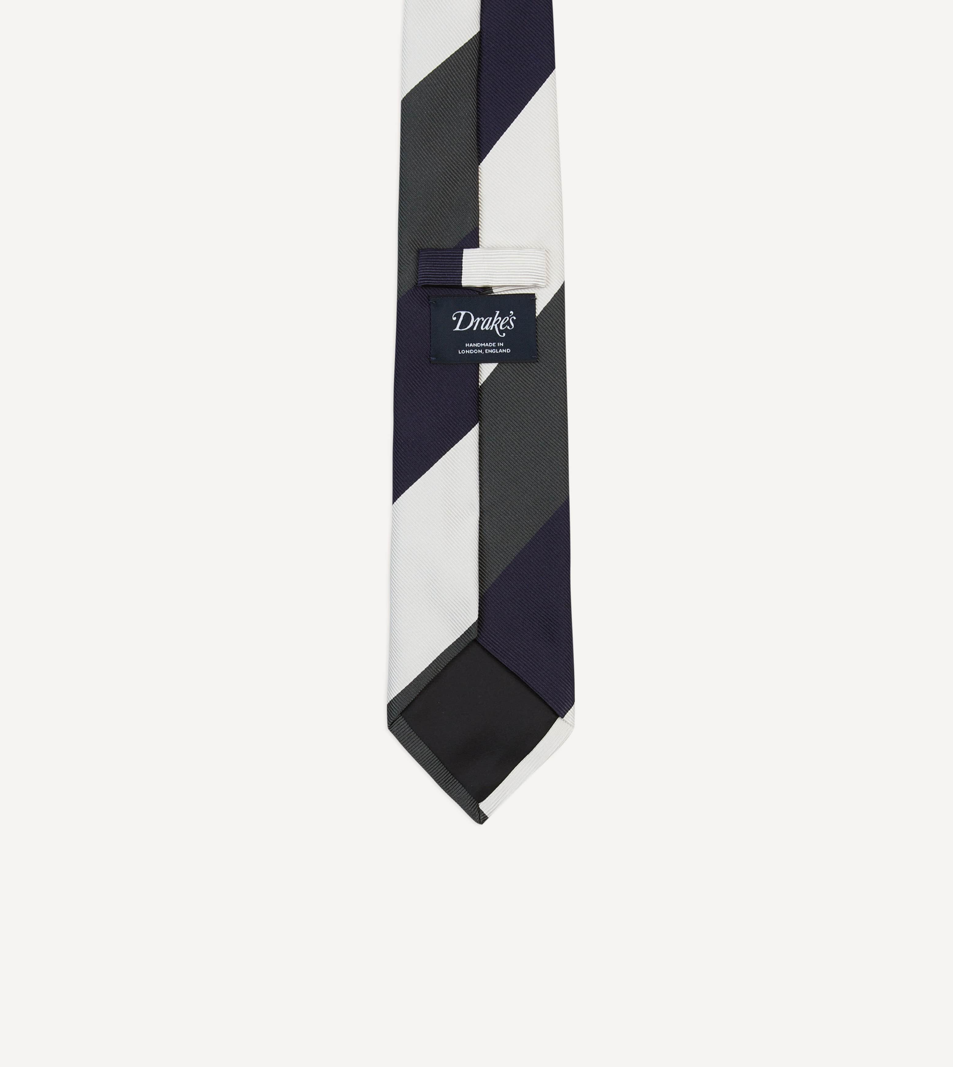 White, Navy and Grey Wide Stripe Repp Silk Tipped Tie - Image 4